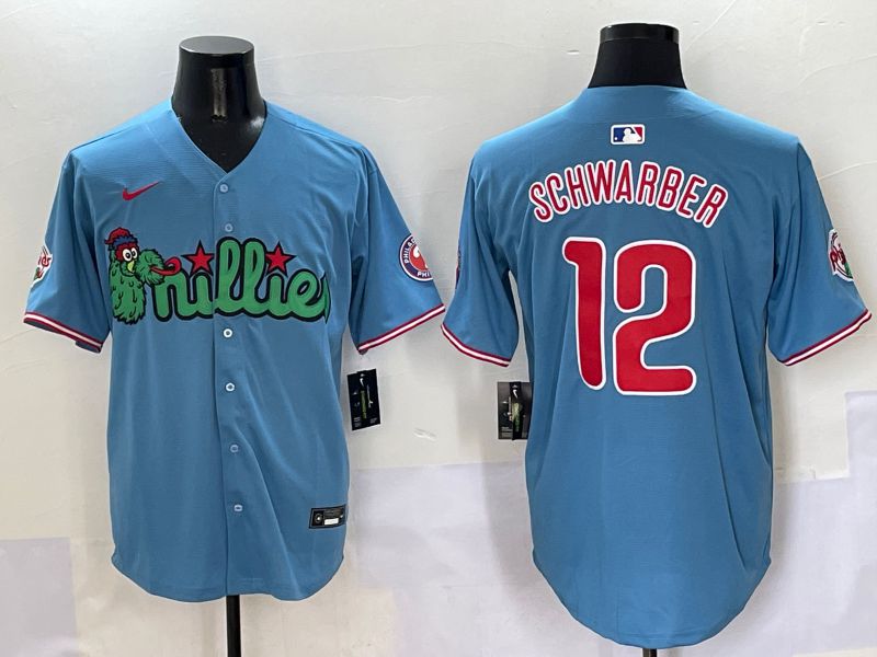 Men Philadelphia Phillies #12 Schwarber Light Blue three generations Joint Name Nike 2025 MLB Jersey style 1